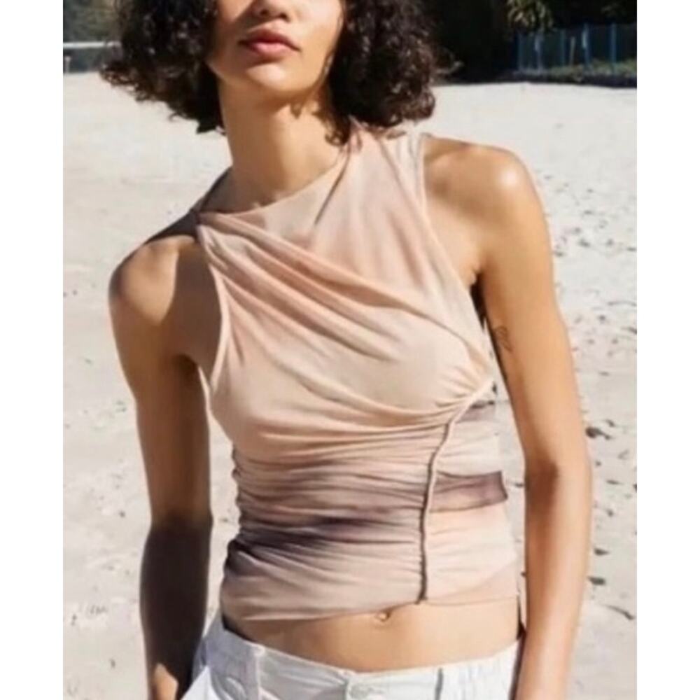 Zara NWOT Portugal Sleeveless Asymmetrical Ruched Mesh Top Small